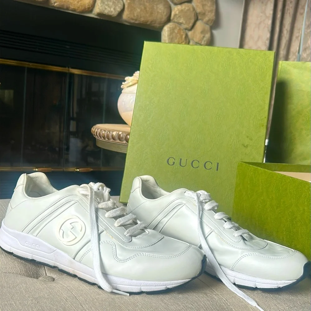Gucci White Miro Calfskin Interlocking G Sneakers Size 9.5